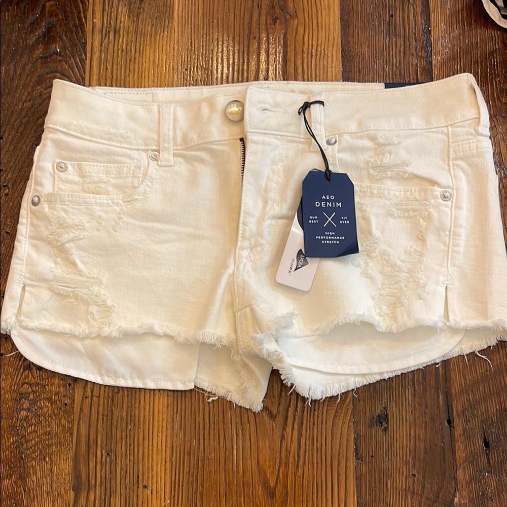 American Eagle Outfitters White Jean Shorts High Waist Frayed Hem